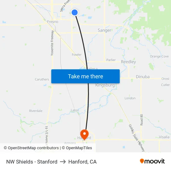NW Shields - Stanford to Hanford, CA map