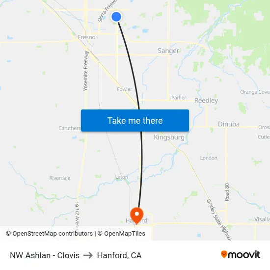 NW Ashlan - Clovis to Hanford, CA map