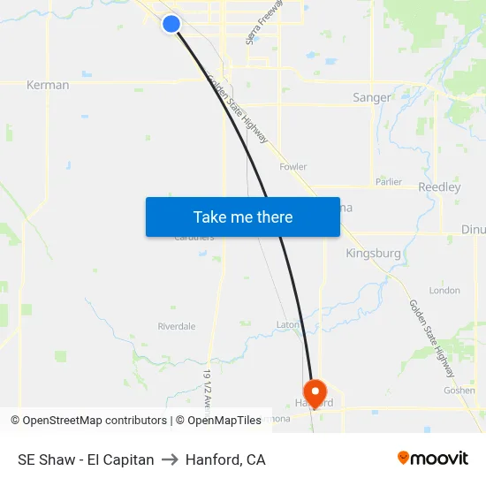 SE Shaw - El Capitan to Hanford, CA map