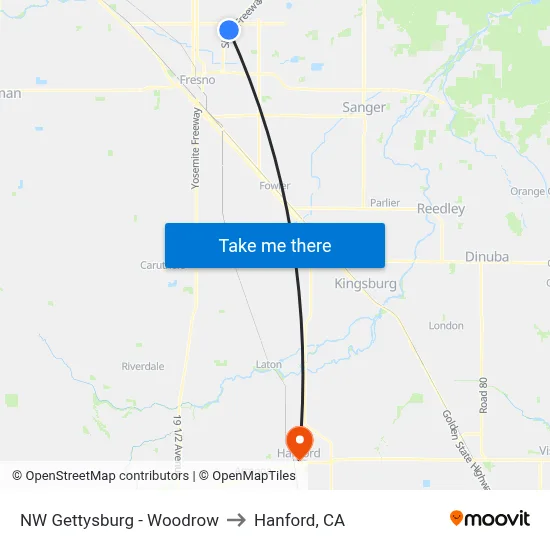 NW Gettysburg - Woodrow to Hanford, CA map