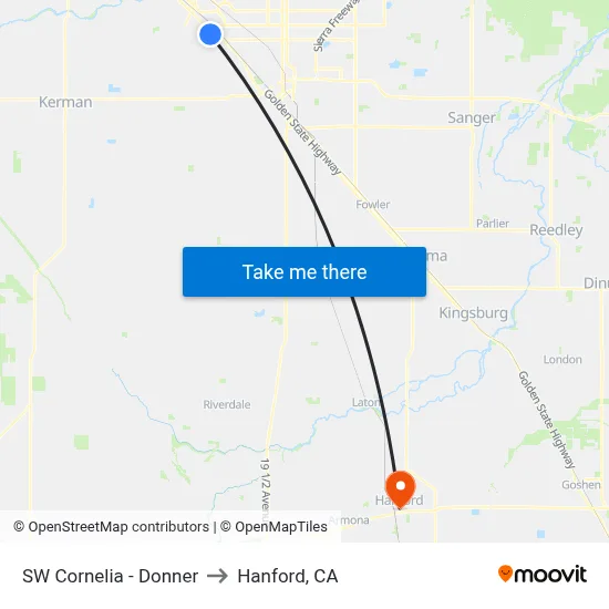SW Cornelia - Donner to Hanford, CA map