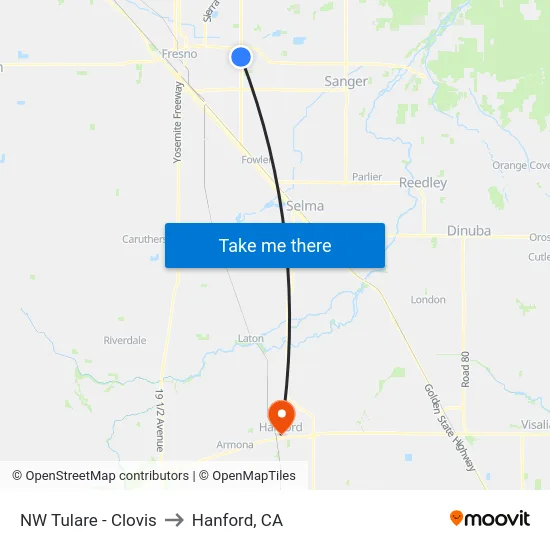 NW Tulare - Clovis to Hanford, CA map