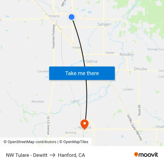 NW Tulare - Dewitt to Hanford, CA map