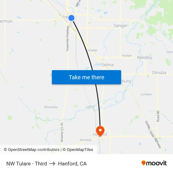 NW Tulare - Third to Hanford, CA map