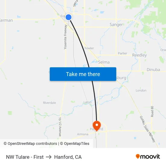 NW Tulare - First to Hanford, CA map