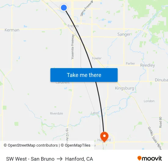 SW West - San Bruno to Hanford, CA map