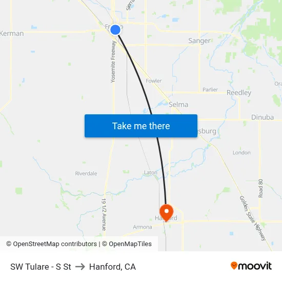 SW Tulare - S St to Hanford, CA map