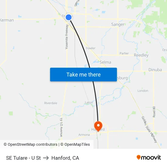 SE Tulare - U St to Hanford, CA map