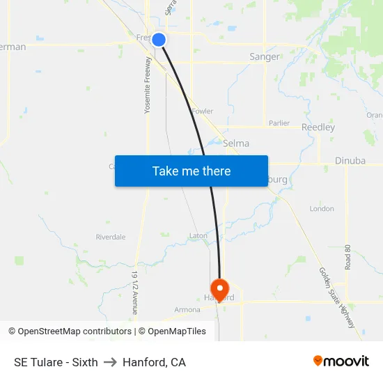 SE Tulare - Sixth to Hanford, CA map