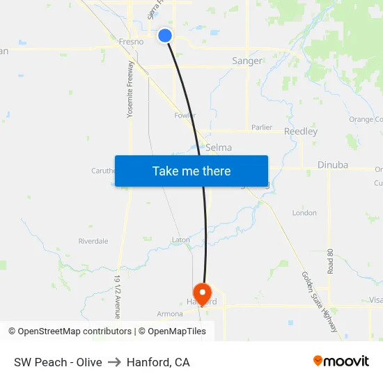SW Peach - Olive to Hanford, CA map