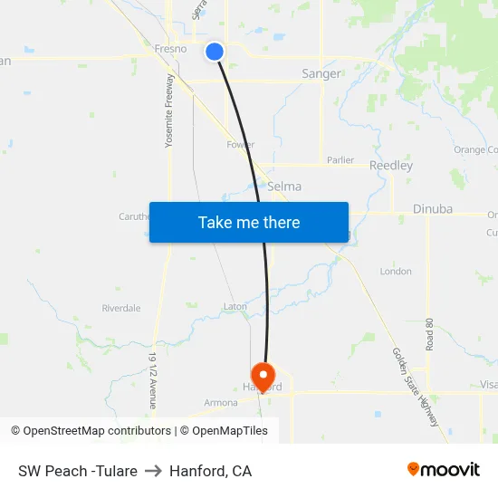 SW Peach -Tulare to Hanford, CA map
