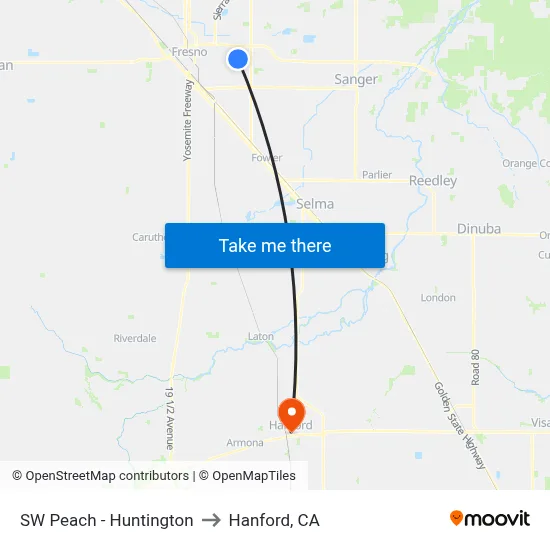 SW Peach - Huntington to Hanford, CA map