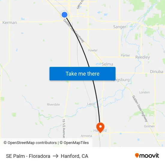 SE Palm - Floradora to Hanford, CA map