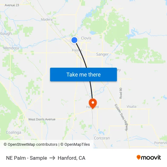 NE Palm - Sample to Hanford, CA map