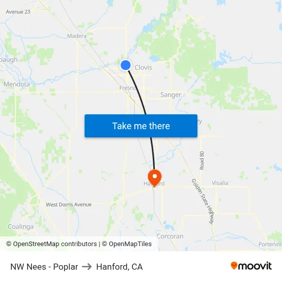 NW Nees - Poplar to Hanford, CA map