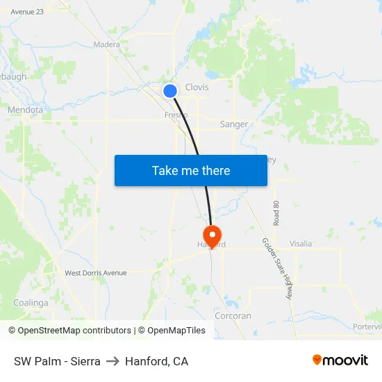 SW Palm - Sierra to Hanford, CA map