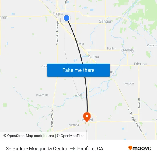SE Butler - Mosqueda Center to Hanford, CA map
