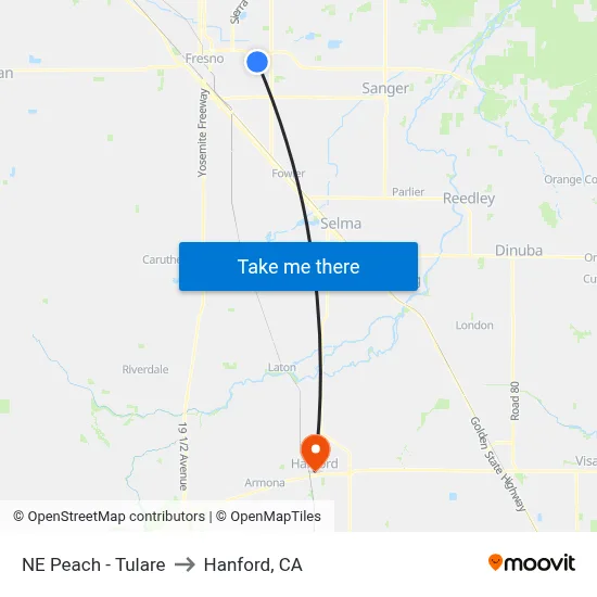 NE Peach - Tulare to Hanford, CA map