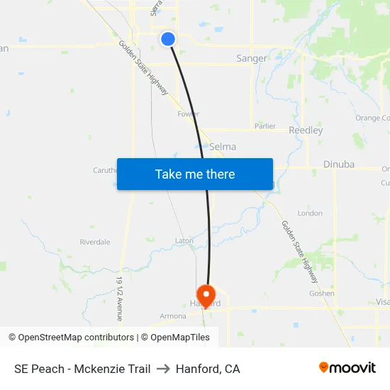 SE Peach - Mckenzie Trail to Hanford, CA map