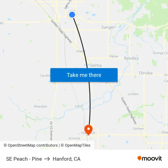 SE Peach - Pine to Hanford, CA map