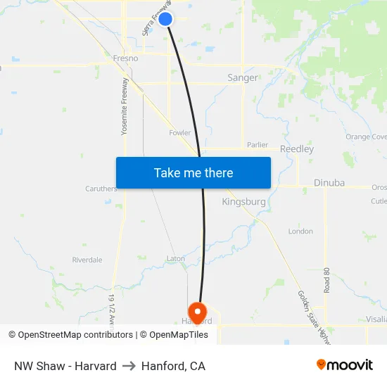 NW Shaw - Harvard to Hanford, CA map