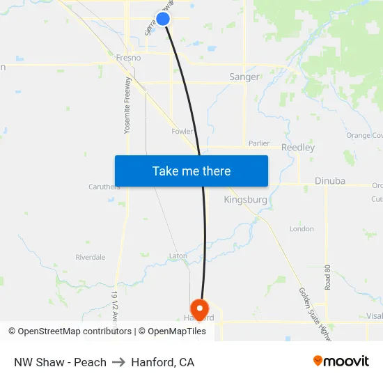 NW Shaw - Peach to Hanford, CA map