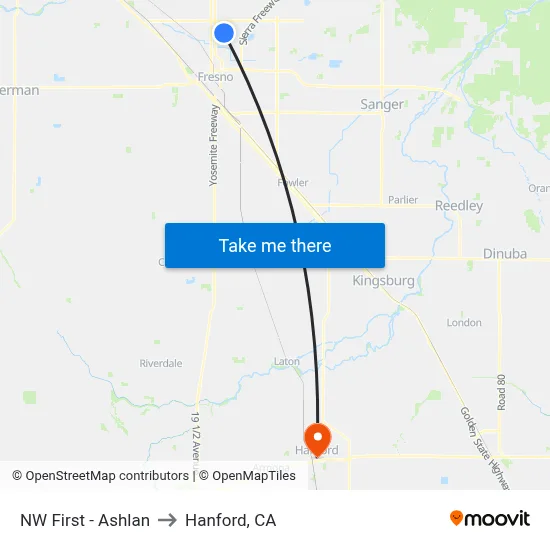 NW First - Ashlan to Hanford, CA map