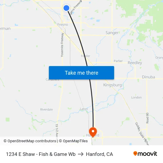1234 E Shaw - Fish & Game Wb to Hanford, CA map