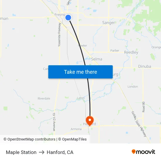 Maple Station to Hanford, CA map