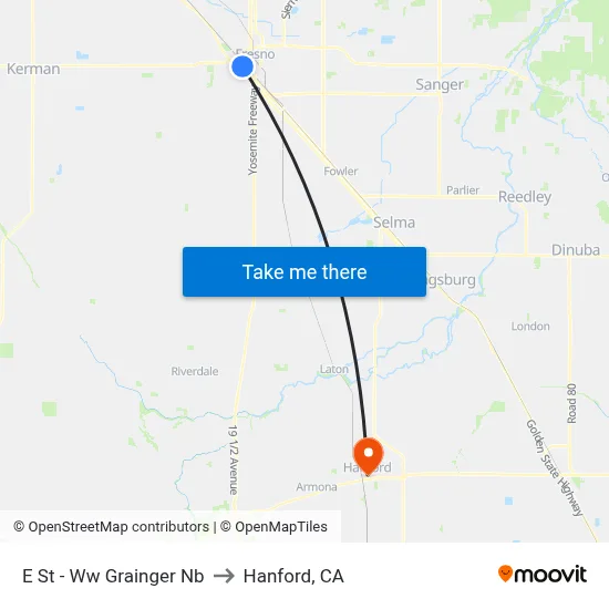 E St - Ww Grainger Nb to Hanford, CA map