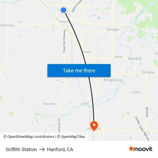 Griffith Station to Hanford, CA map