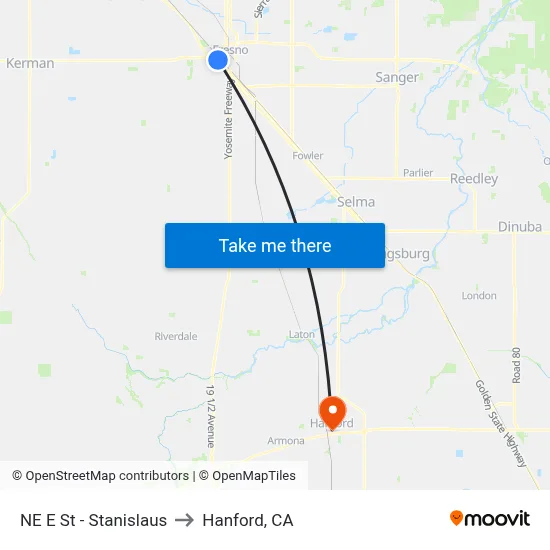 NE E St - Stanislaus to Hanford, CA map
