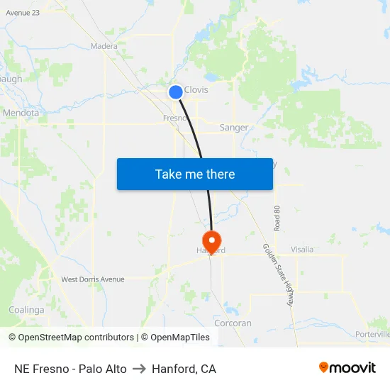 NE Fresno - Palo Alto to Hanford, CA map
