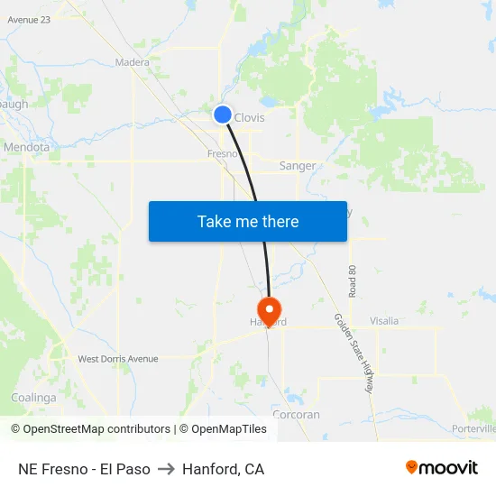 NE Fresno - El Paso to Hanford, CA map