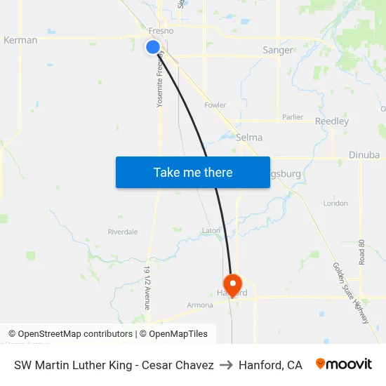 SW Martin Luther King - Cesar Chavez to Hanford, CA map