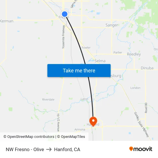 NW Fresno - Olive to Hanford, CA map