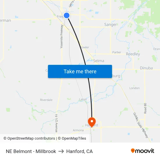 NE Belmont - Millbrook to Hanford, CA map