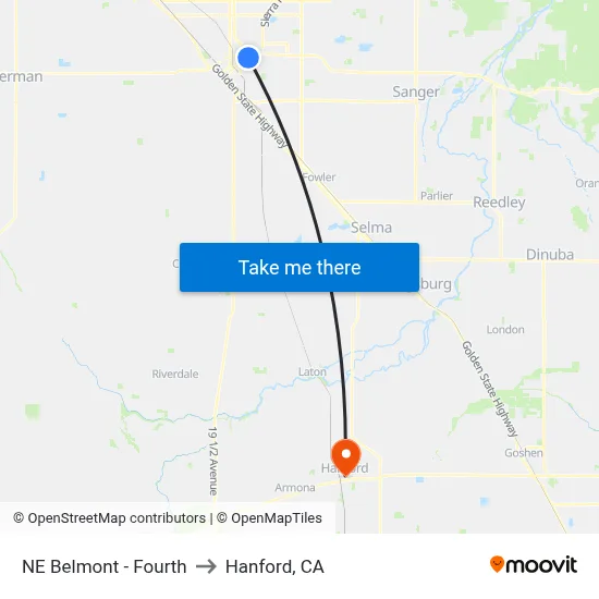 NE Belmont - Fourth to Hanford, CA map