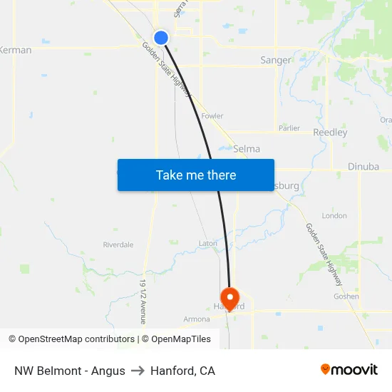 NW Belmont - Angus to Hanford, CA map
