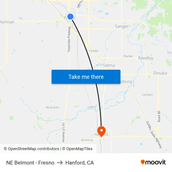 NE Belmont - Fresno to Hanford, CA map