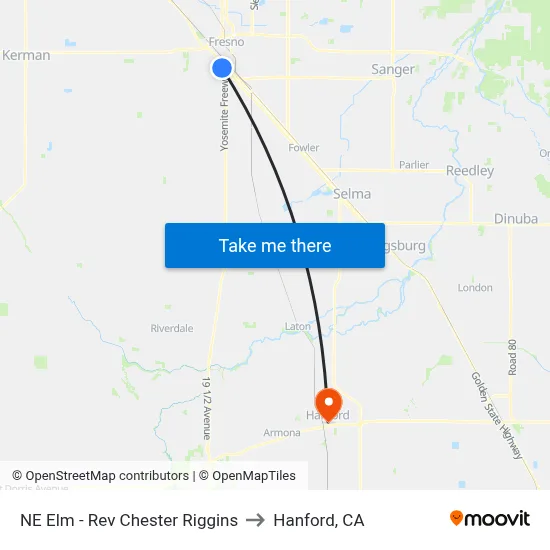 NE Elm - Rev Chester Riggins to Hanford, CA map
