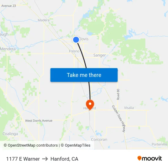 1177 E Warner to Hanford, CA map