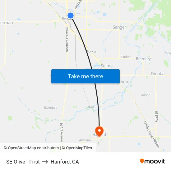 SE Olive - First to Hanford, CA map