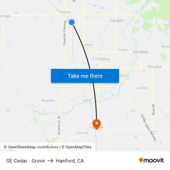 SE Cedar - Grove to Hanford, CA map