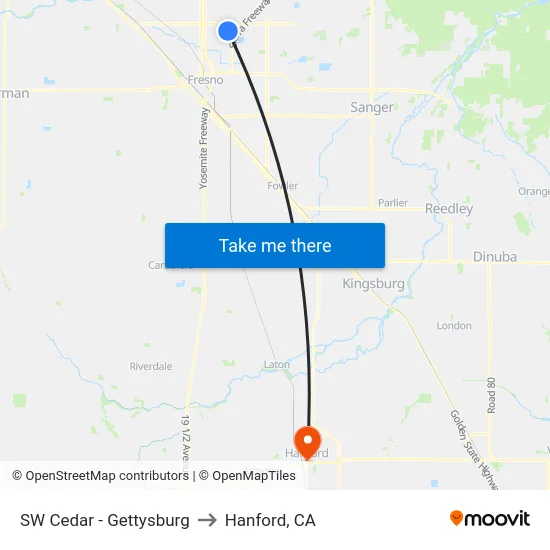 SW Cedar - Gettysburg to Hanford, CA map