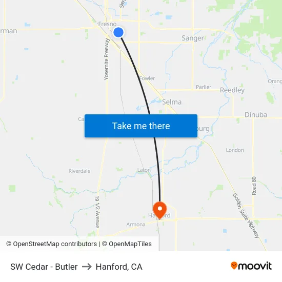SW Cedar - Butler to Hanford, CA map