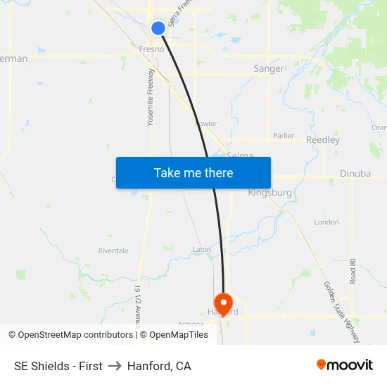SE Shields - First to Hanford, CA map