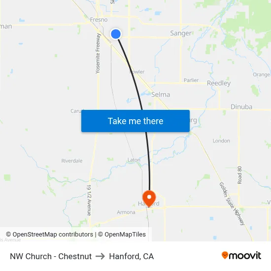 NW Church - Chestnut to Hanford, CA map