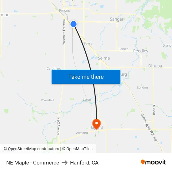 NE Maple - Commerce to Hanford, CA map
