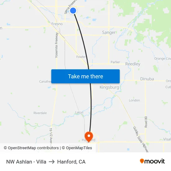 NW Ashlan - Villa to Hanford, CA map